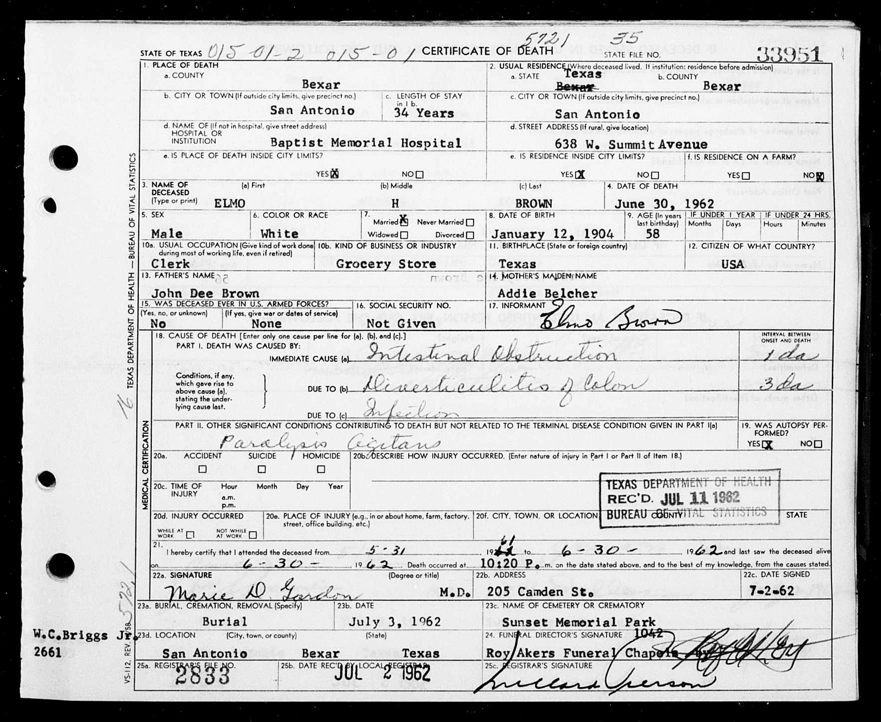 death certificate of Elmo Henry Brown (paternal grandfather)